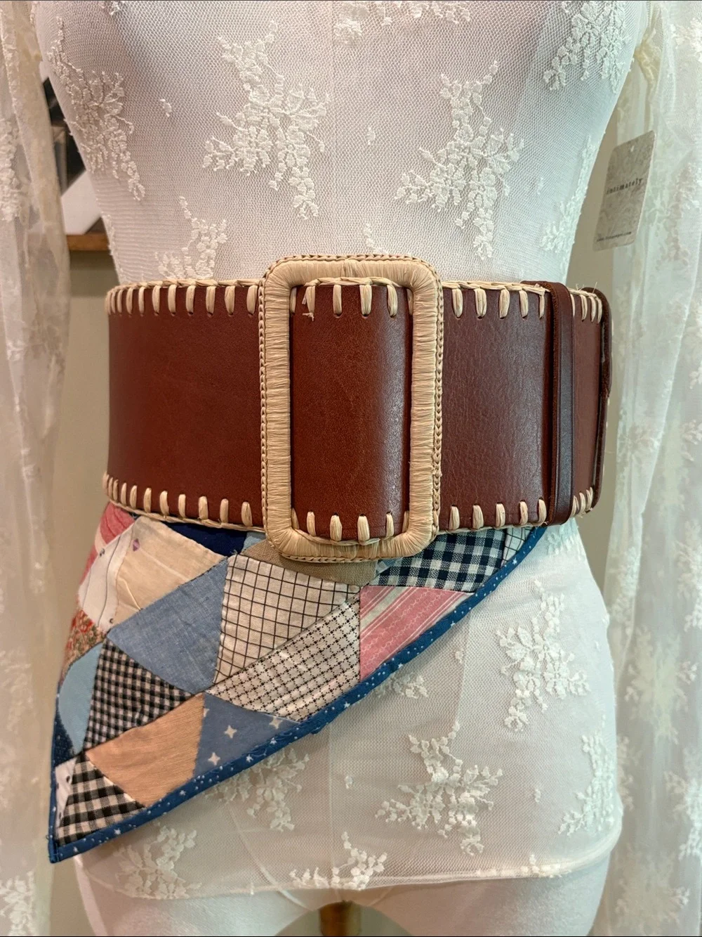 Polo Ralph Lauren Reversible Faux-Raffia Wide Leather Stitch Corset Belt Small